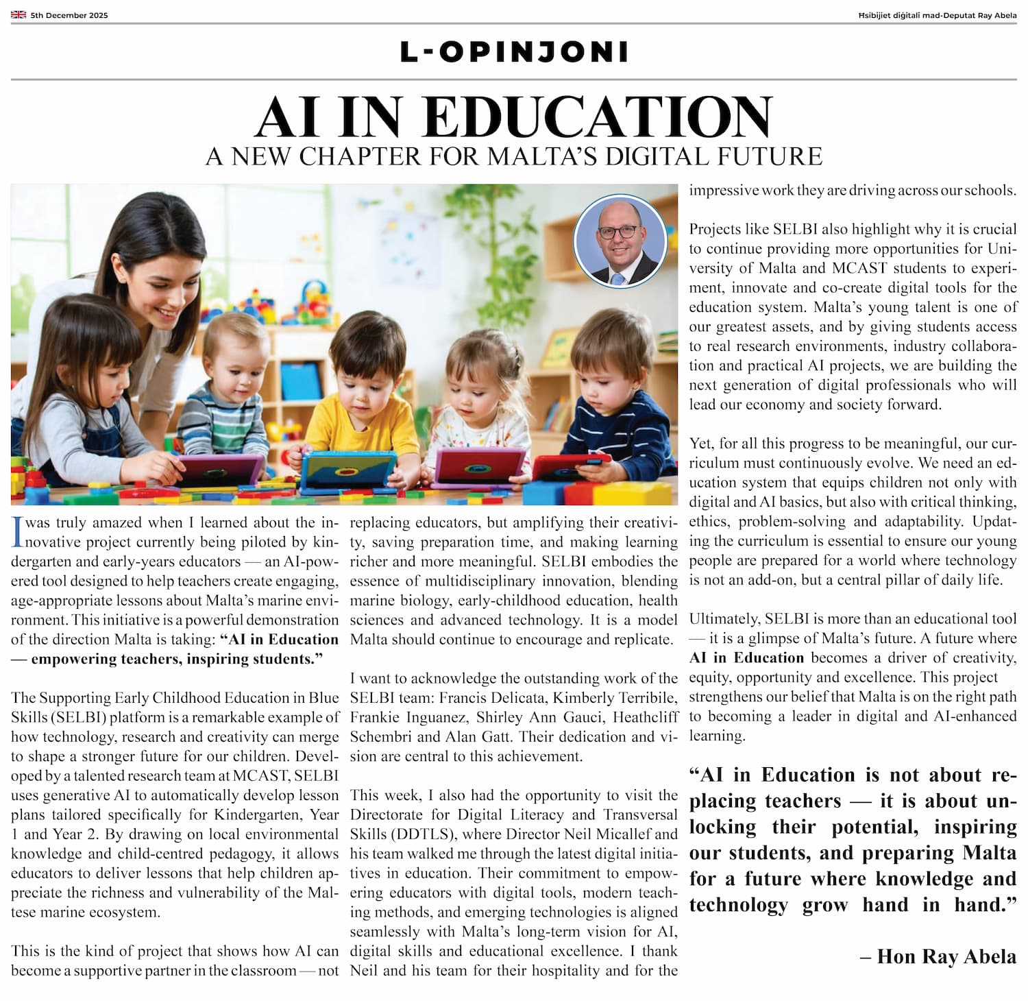 Ray Abela — article excerpt, L-Opinjoni, December 5, 2025